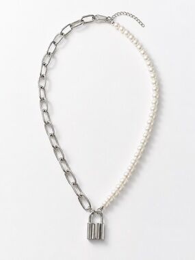 Silver-Tone Pearl & Paperclip Chain Lock Necklace